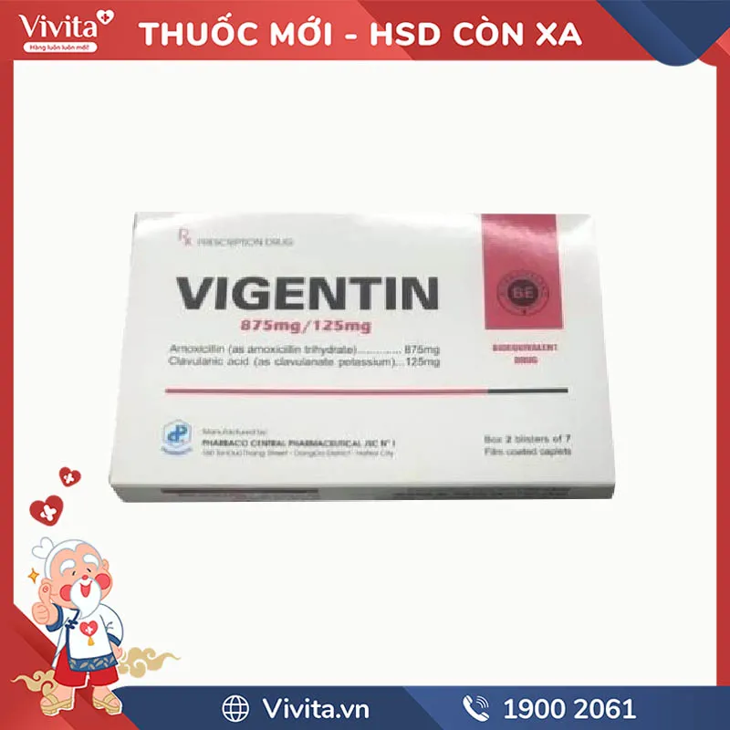 Thuốc kháng sinh trị nhiễm khuẩn Vigentin 875mg/125mg | Hộp 14 viên