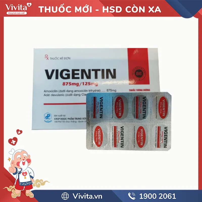 Thuốc kháng sinh trị nhiễm khuẩn Vigentin 875mg/125mg | Hộp 14 viên